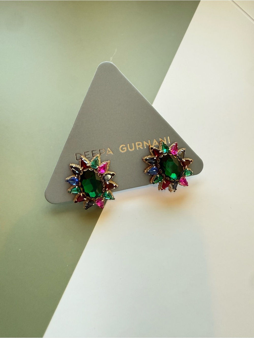 Deepa Gurnani Emerald Multicolor Crystal Stud Earrings Gelina handmade $80